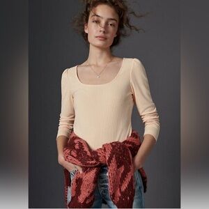 Anthropologie Ribbed Long Sleeve Scoop Neck Top, Size XS